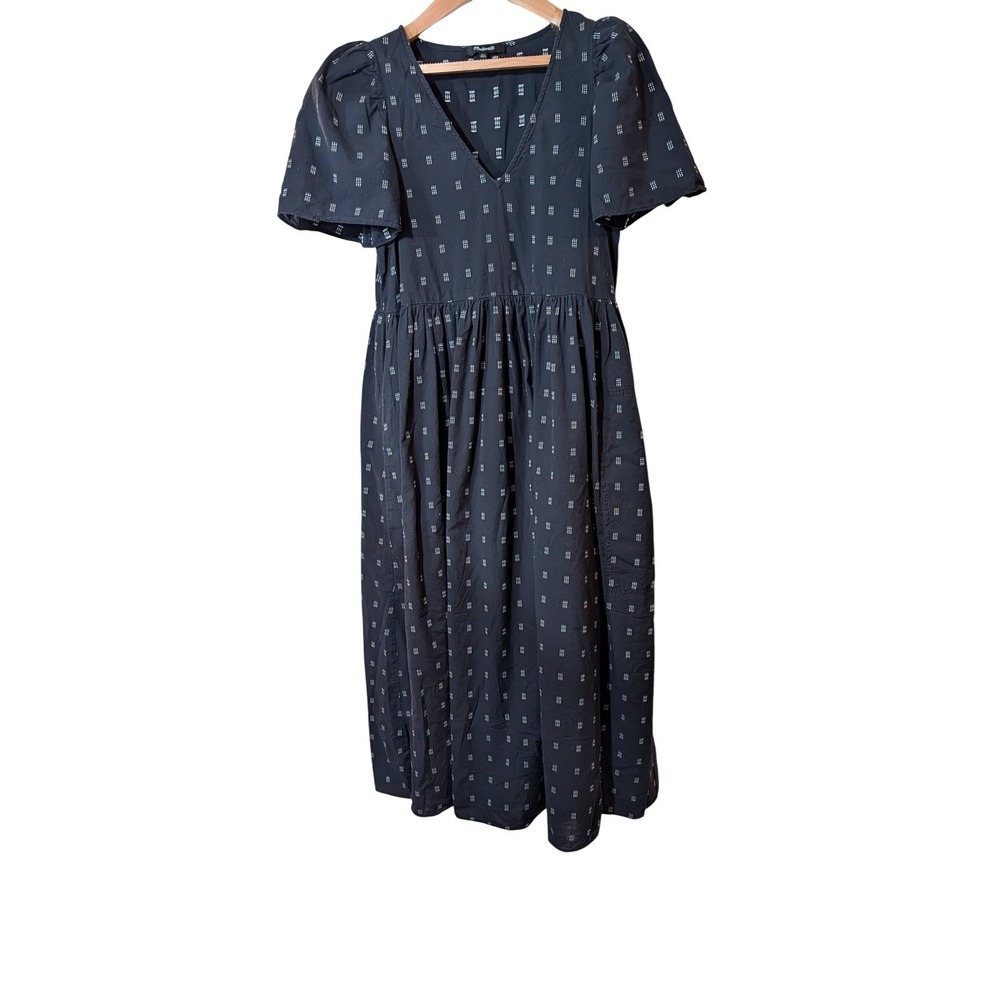 Madewell Black Embroidered V-Neck Midi Dress Cotton Short Sleeve XXS